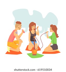 Young Cool Hipsters Smoking Hookah And Vaporizer Sitting On The Floor Illustration With Smokers And Vapers