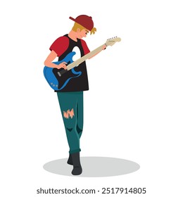 young cool kid playing guitar, Rocker musician performing on string instrument. Flat vector illustration isolated on white background.