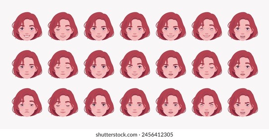 Young cool long hairstyle of ruby wine dye color male emotion set, cute guy bundle portrait. Different nice face icons, positive, negative facial expression feature pic. Vector illustration circles