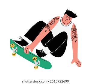 Young cool male with tattoos performing a trick on a skateboard, getting ready to jump. Hand drawn vector illustration in flat design, isolated on white