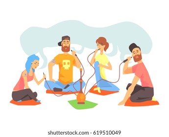 Young Cool People Smoking Hookah Sitting On The Floor Illustration With Smokers And Vapers