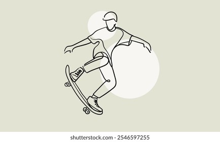 Young cool skateboarder skating in cap, continuous line art drawing isolated on green background with white shape. Extreme teenager sport. Vector illustration