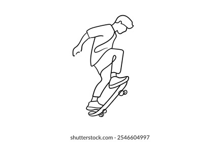 Patinaje fresco joven del monopatinador en casquillo, dibujo continuo del arte de la línea aislado en el fondo blanco. Deporte adolescente extremo. Ilustración vectorial