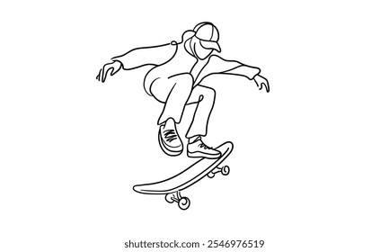 Young cool skateboarder skating in cap, continuous line art drawing isolated on white background. Extreme teenager sport. Vector illustration