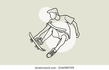 Young cool skateboarder skating in cap, continuous line art drawing isolated on green background with white shape. Extreme teenager sport. Vector illustration