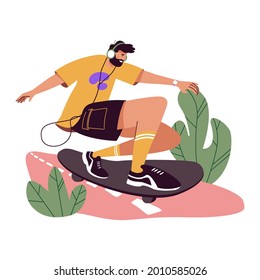 Young cool skater riding skateboard. Active happy man on skate board with music in headphones. Fast skateboarder on road. Outdoor activity. Flat vector illustration isolated on white background.