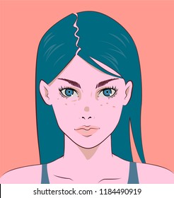 Young cool woman with blue eyes and blue hair smiling. A fancy illustraton ic comics art style (manga, anime)