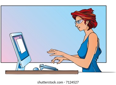 young cool woman working with a computer