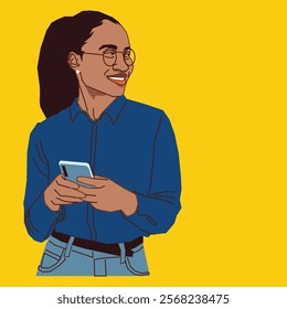 young corporate African American lady looking sideways holding a cell phone