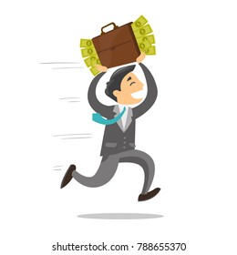 Young corrupt caucasian white businessman running with briefcase full of money. Concept of corruption, bribery and economic crime. Vector cartoon illustration isolated on white background.