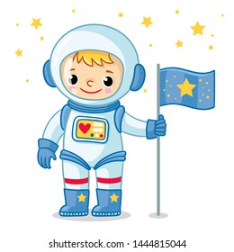 Young cosmonaut in a spacesuit is standing on the planet and holding a flag in his hand. Vector illustration in cartoon style.