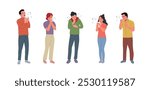 Young coughing and sneezing women and men isolated. Cold and fever concept. People stand full body. Vector flat style cartoon illustration