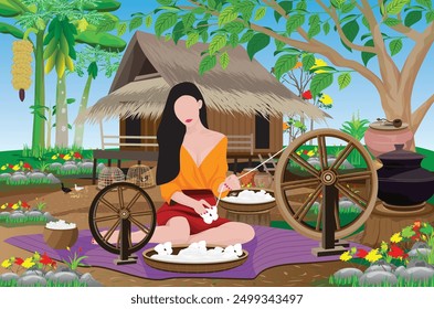 A young country girl is spinning cotton under a big tree in front of her hut.