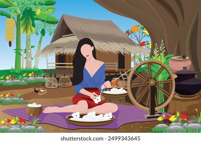 A young country girl is spinning cotton under a big tree in front of her hut.