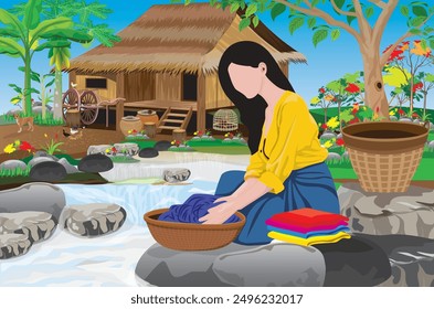 A young country girl is washing clothes at a waterfall stream.vector design