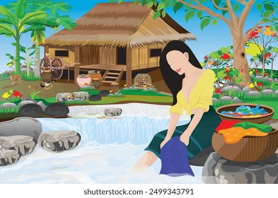 A young country girl is washing clothes at a waterfall stream in front of straw hut.vector design