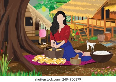 A young country woman sitting under big tree and pounded rice with a wooden mortar.vector design 