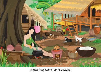 A young country woman sitting under big tree and pounded rice with a wooden mortar.vector design 