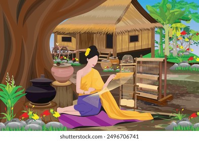 A young country woman wearing a yellow Thai dress is sitting and weaving a loom under a big tree in front of a straw hut.vector design