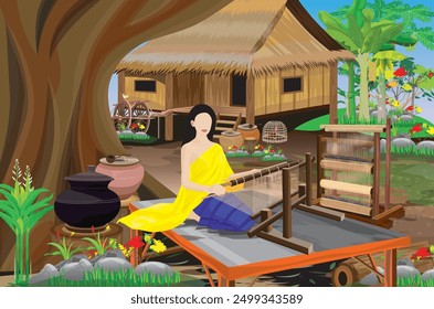 A young country woman wearing a yellow Thai dress is sitting and weaving a loom under a big tree in front of a straw hut.vector design