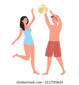 Young couple active playing with beach ball. Summer recreation vacation break leisure time flat vector illustration