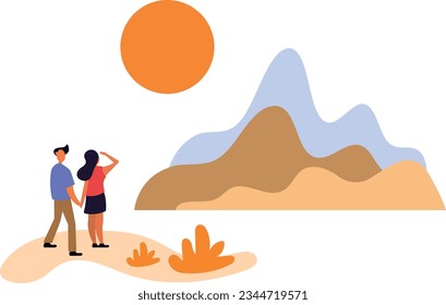 young couple admires the mountain landscape..flat vector illustration.