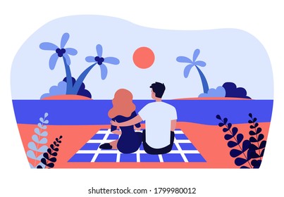 Young couple admiring sunset on beach. Dating man and woman spending vacation by sea flat vector illustration. Leisure, holiday, seaside concept for banner, website design or landing web page
