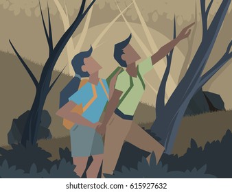 Young couple adventure vector cartoon nature landscape background