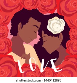 young couple afro in love poster with frame of roses