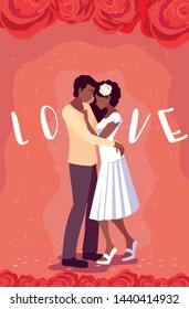 young couple afro in love poster with roses decoration