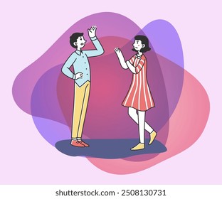 Young couple arguing and gesturing flat vector illustration. Man and woman discussing problems. Relationship and communication problem concept