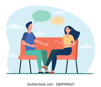 Young couple arguing at home. Man and woman sitting on couch and talking flat vector illustration. Conflict, relationship, communication concept for banner, website design or landing web page