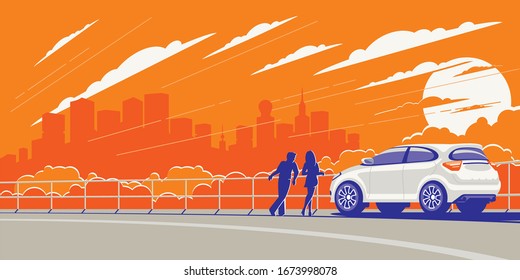 The young couple arrived in a new white car outside the city to admire the modern urban view in the rays of sunset.