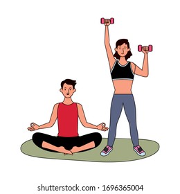 young couple athlete practicing exercise characters vector illustration design