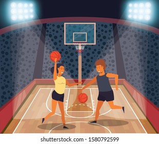 young couple athletes playing basketball with balloon vector illustration design