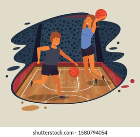 young couple athletes playing basketball with balloon vector illustration design