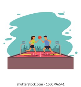 young couple athletes playing basketball with balloon vector illustration design