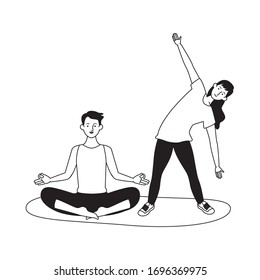 young couple athletes practicing exercise characters vector illustration design