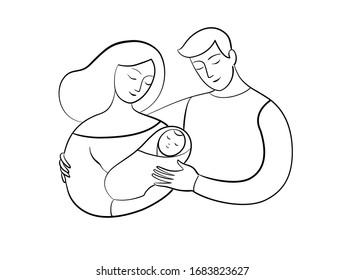 Young couple with a baby.  Couple holding a baby.  Happy family.   Line drawing.