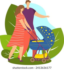 Young couple with baby stroller walking in park. Mother and father enjoying family time with child outdoors. Parenthood and leisure activity vector illustration.