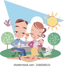 A young couple with a baby in their arms, sitting on a park bench, fussing over their baby and raising their child.vector illustration