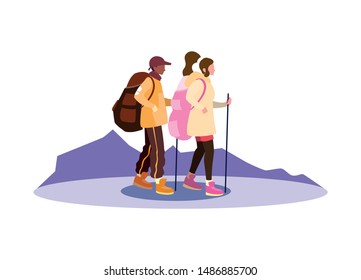 young couple backpacker in mountain landscape