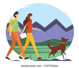 Young couple with backpacks, the map and the dog are walking among the mountains. Conceptual illustration of Hiking, outdoor recreation, and active life. Vector illustration in flat style.