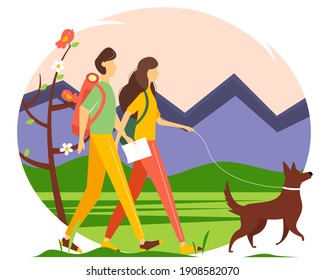 Jóvenes parejas con mochilas, mapas y perros están caminando entre las montañas. Ilustración conceptual del senderismo, la recreación al aire libre y la vida activa. Ilustración vectorial de primavera en estilo plano.