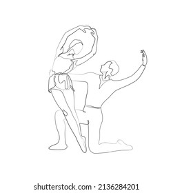 Young couple ballet dance line art drawing illustration in retro or vintage style
