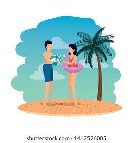 young couple with balloon and float on the beach