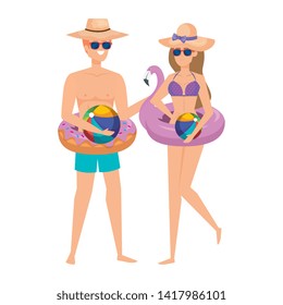 young couple with balloon toy and float