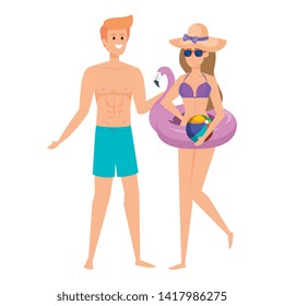 young couple with balloon toy and float