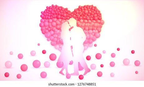 La pareja joven y los globos crearon el corazón en el fondo. 