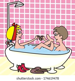 young couple at bath, vector funny illustration